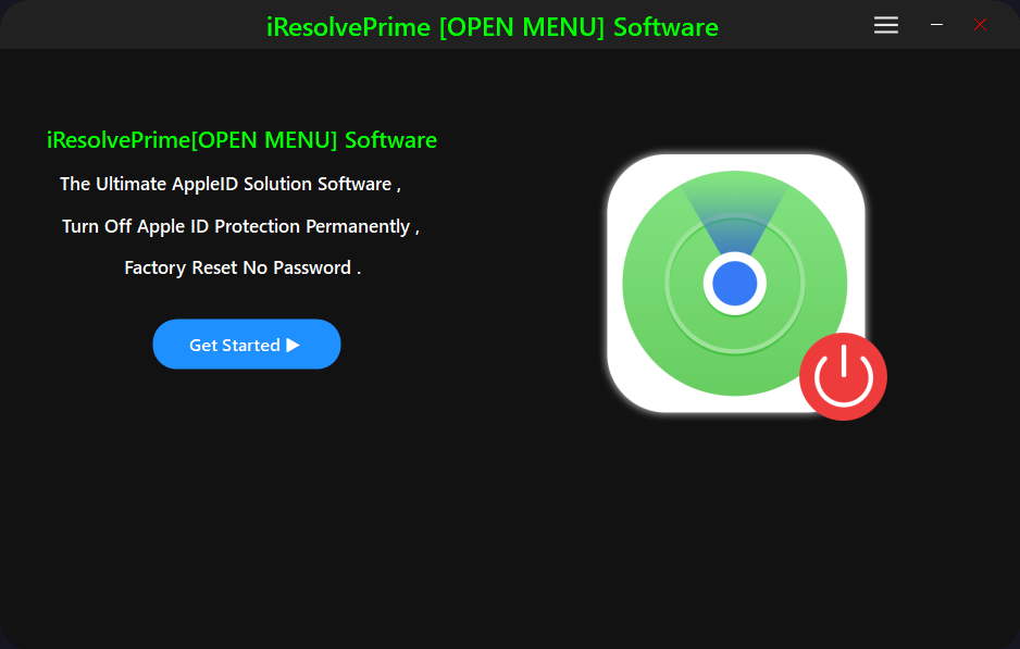 iResolvePrime OPEN MENU Software Interface - Remove iCloud Apple ID Find My iPhone Tool Screenshot
