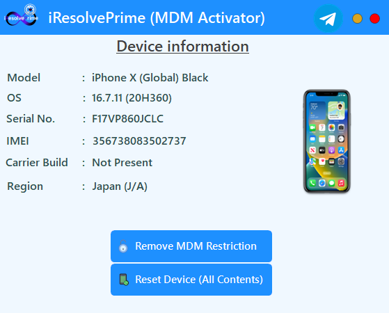 iResolvePrime MDM Unlock Software Screenshot